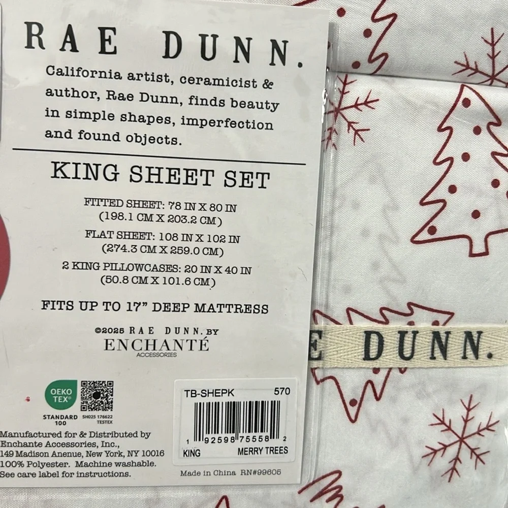 NEW Rae Dunn Merry king Sheet Set 4 Pc Set Christmas Tree Bed Sheets Red White